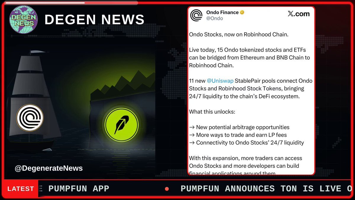 Graphic displaying Ondo and Robinhood logos alongside a screenshot of Ondo Finance's announcement of tokenized stocks on Robinhood Chain.