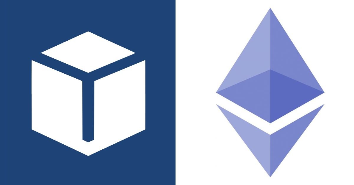 Graphic showing the Trueo cube logo on the left and the Ethereum diamond emblem on the right.