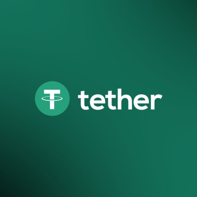Tether logo displayed in white text and icon against a green gradient background