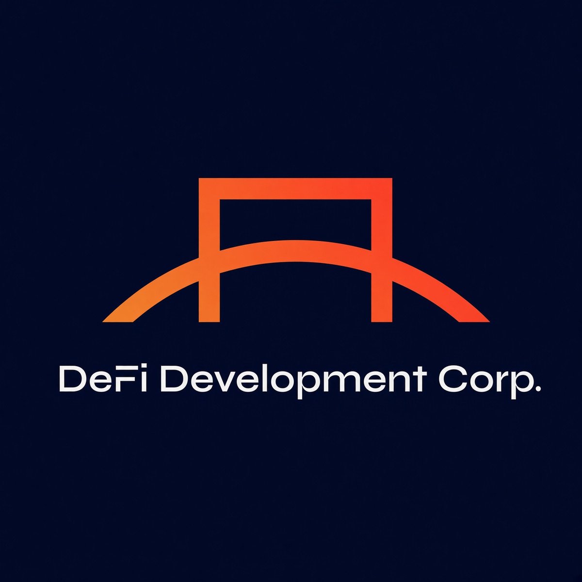 DeFi Development Corp. logo featuring an orange arch symbol above the company name on a dark background.