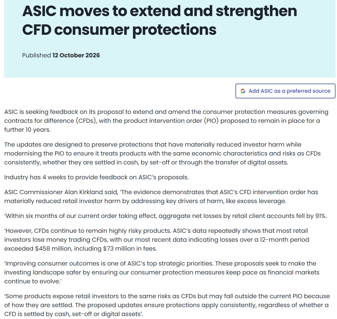Screenshot of an ASIC press release titled 'ASIC moves to extend and strengthen CFD consumer protections'.