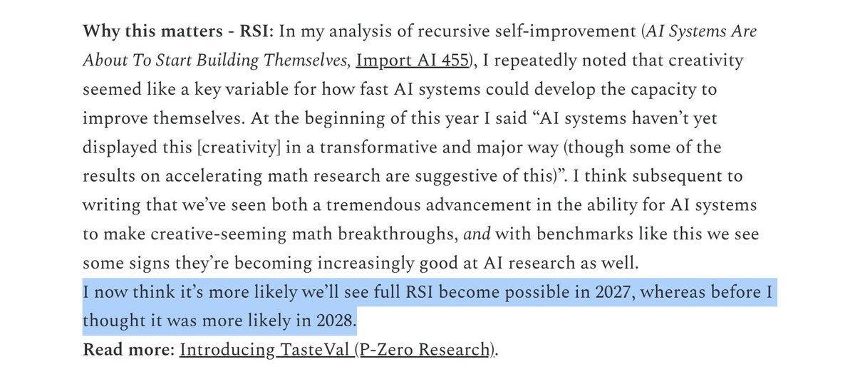 Screenshot of text from Jack Clark's Import AI newsletter highlighting his statement that full recursive self-improvement is more likely in 2027 than 2028.