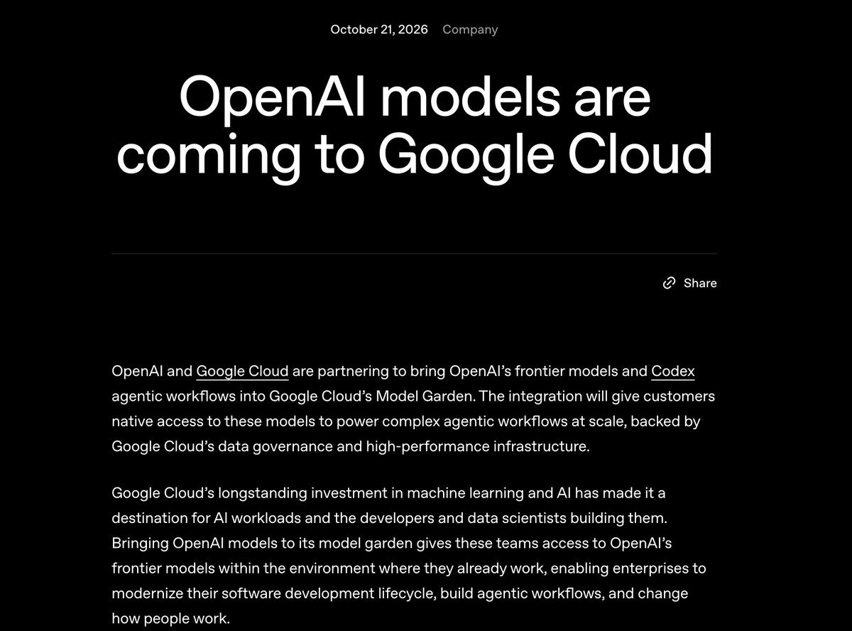 A screenshot of an announcement header reading 'OpenAI models are coming to Google Cloud' with accompanying text.