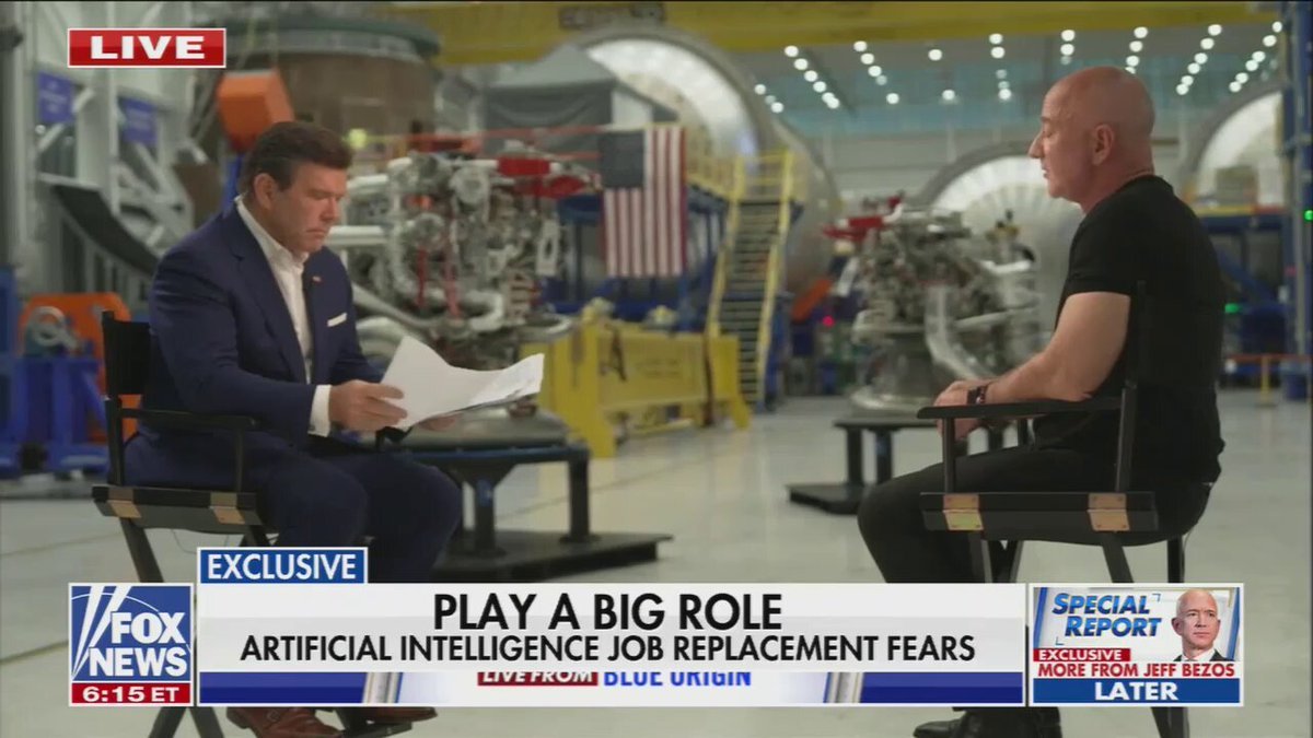 Jeff Bezos sits for an interview on Fox News Special Report at a Blue Origin facility discussing artificial intelligence and jobs.
