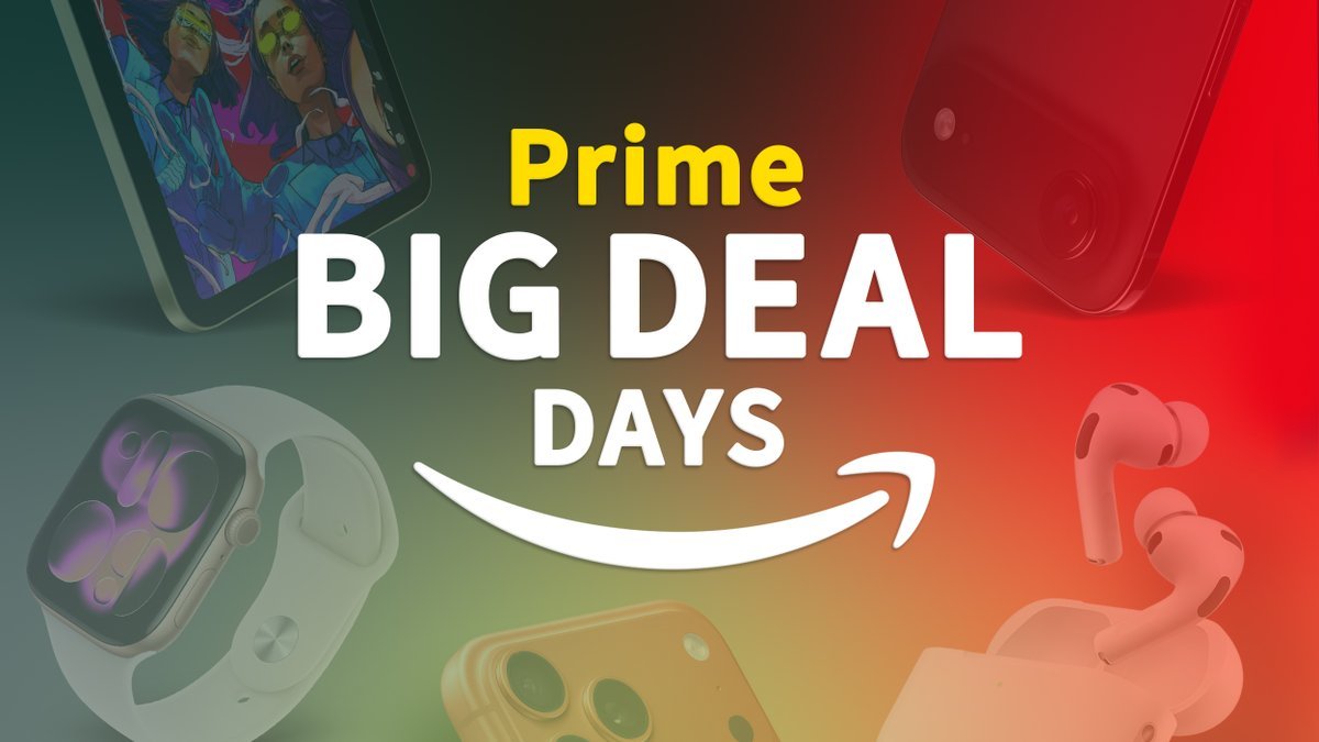 Graphic announcing Prime Big Deal Days surrounded by Apple devices including an Apple Watch, iPad, and AirPods.