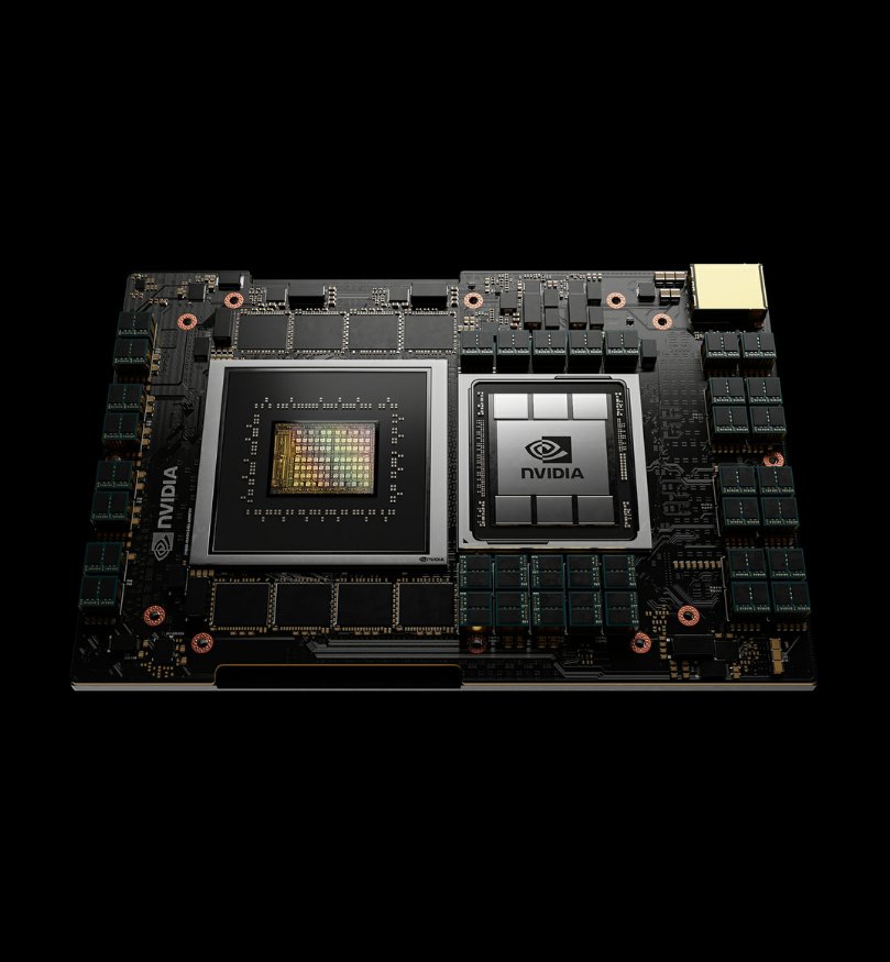 A high-detail rendering of an Nvidia processor circuit board module featuring CPU and GPU components against a black background.