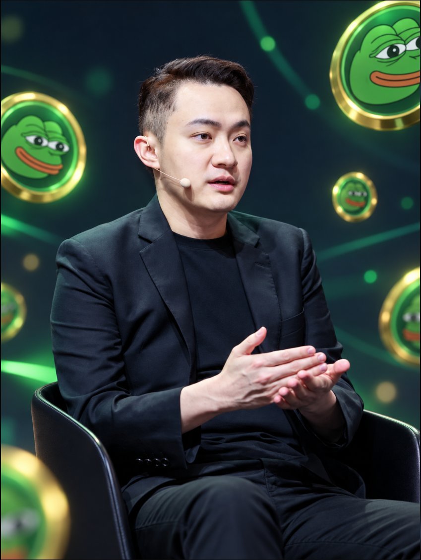 Justin Sun seated during a talk, with Pepe the Frog cryptocurrency coin graphics visible in the background.