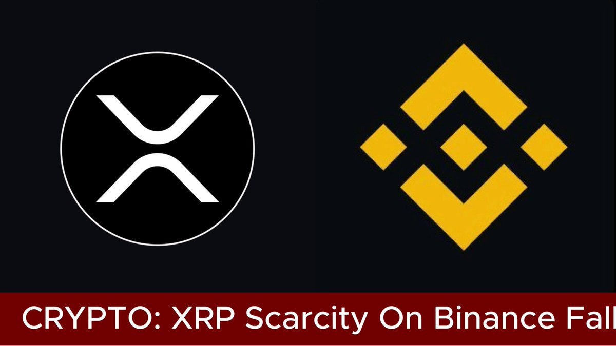 Graphic displaying the XRP and Binance logos side by side with a headline banner reading 'Crypto: XRP Scarcity On Binance Fall'.