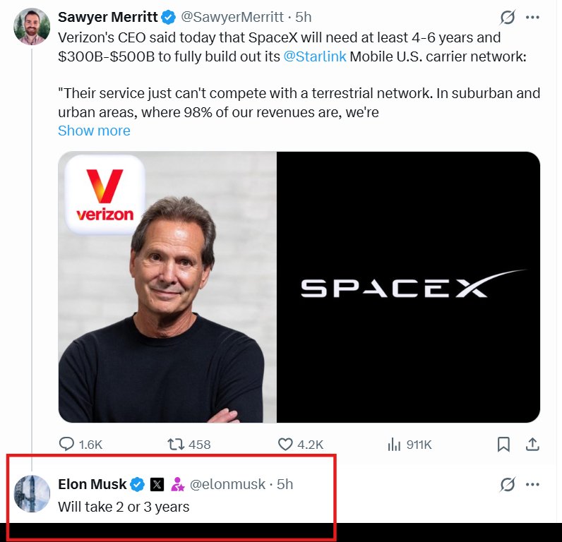 Screenshot of a social media post showing Verizon CEO Dan Schulman next to a SpaceX logo, with a reply from Elon Musk stating 'Will take 2 or 3 years'.