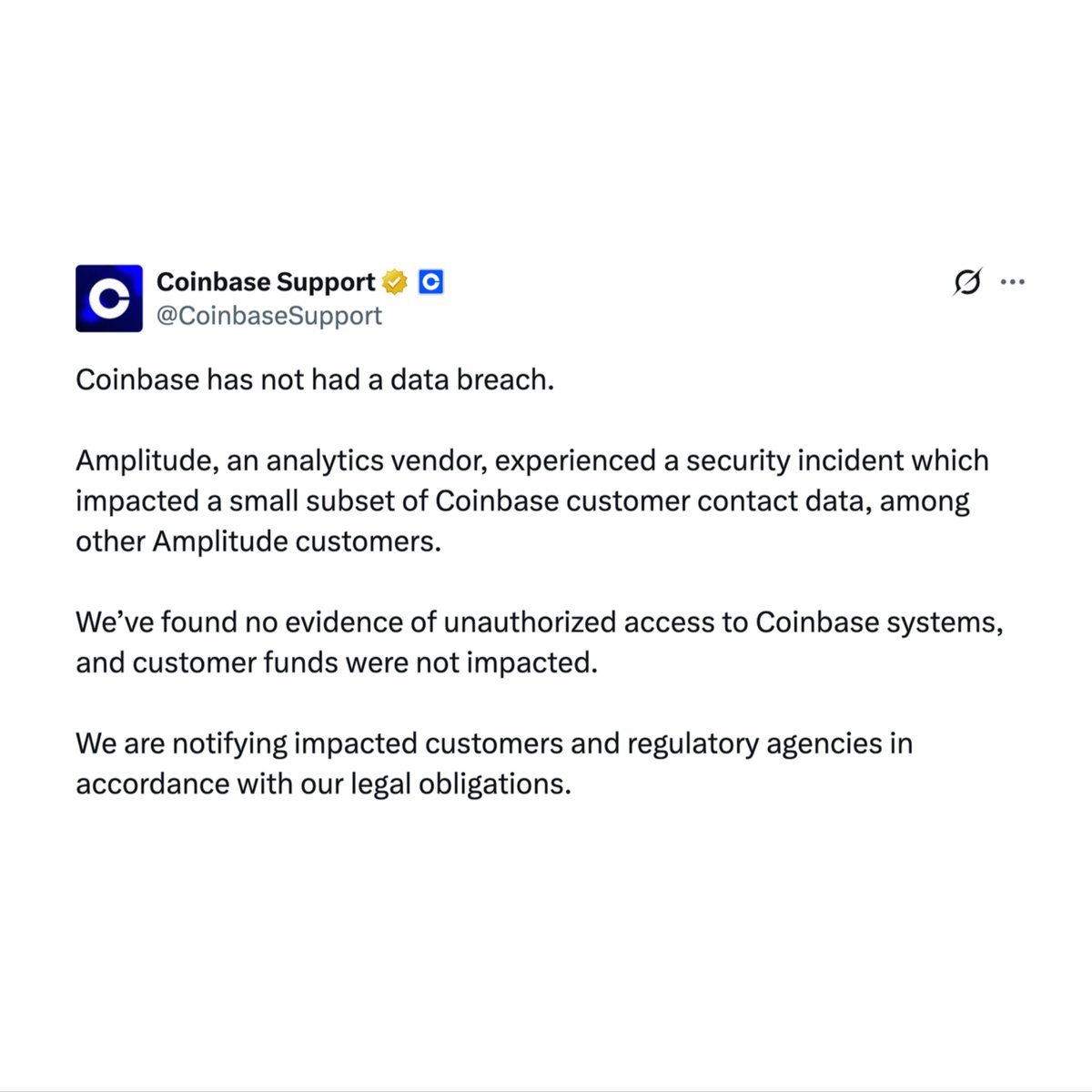 Screenshot of a statement from Coinbase Support on social media stating that Coinbase did not experience a data breach following an incident at vendor Amplitude.