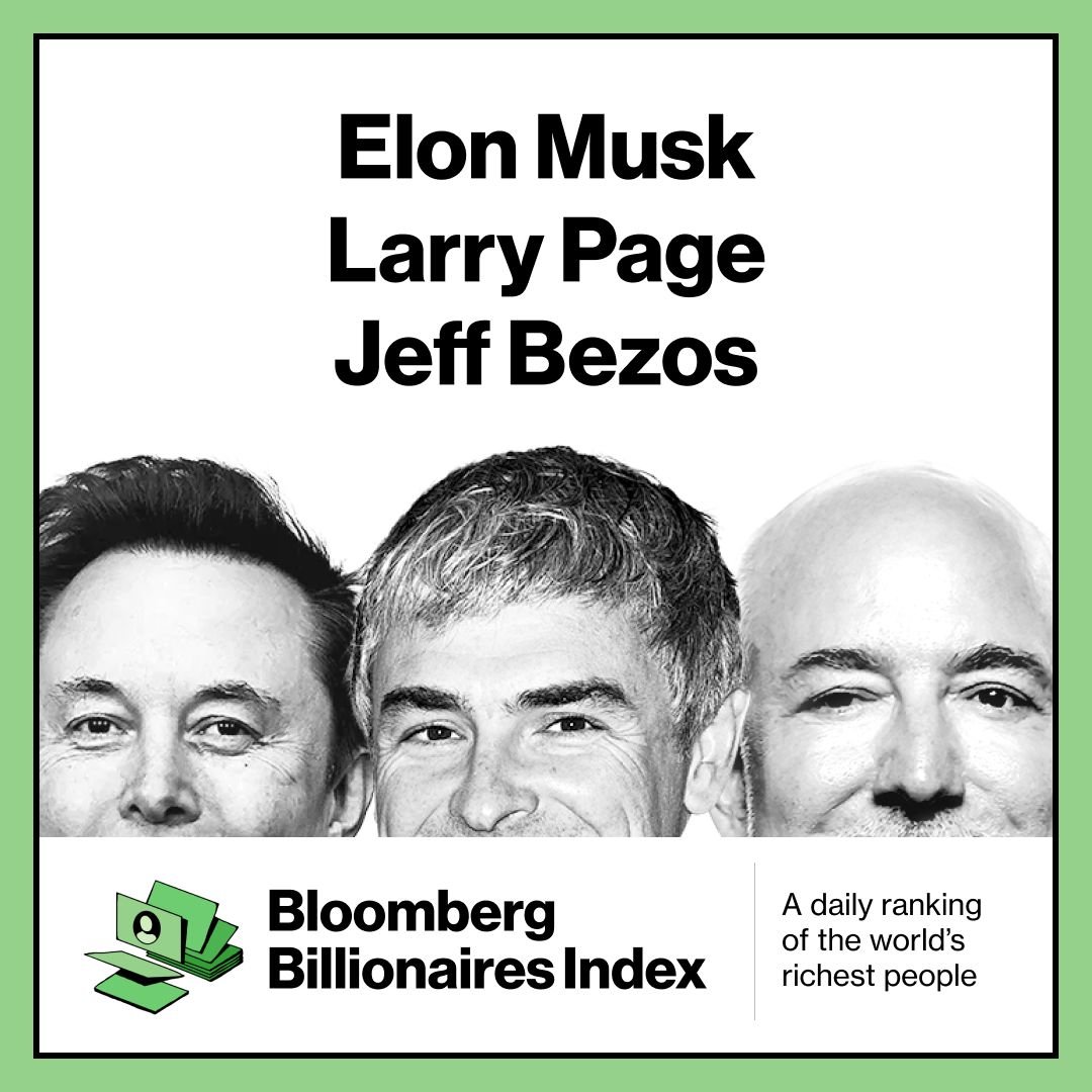 Graphic featuring Elon Musk, Larry Page, and Jeff Bezos for the Bloomberg Billionaires Index ranking.
