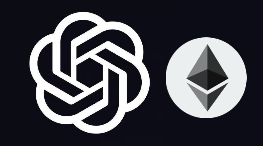 Graphic showing the OpenAI logo next to an Ethereum diamond emblem against a dark background.