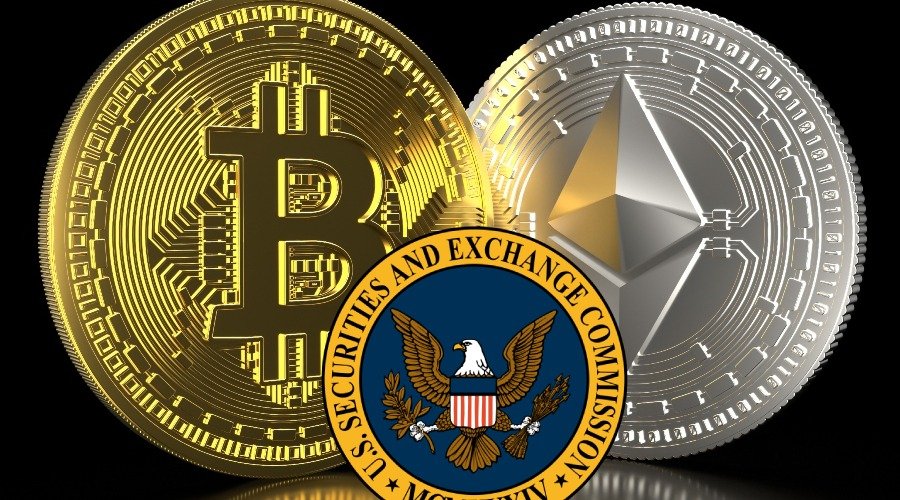 Physical Bitcoin and Ethereum tokens positioned behind the seal of the U.S. Securities and Exchange Commission.