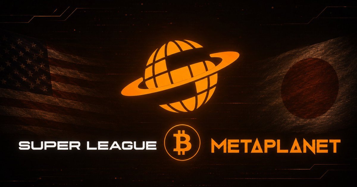 Graphic showing Super League and Metaplanet logos with a Bitcoin symbol and stylized globe between the US and Japanese flags.