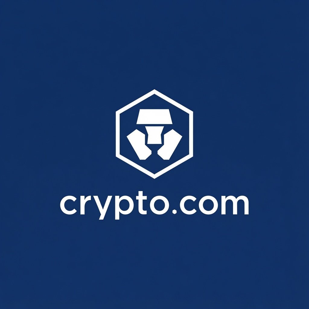 Crypto.com logo featuring a white hexagon emblem and text on a dark blue background