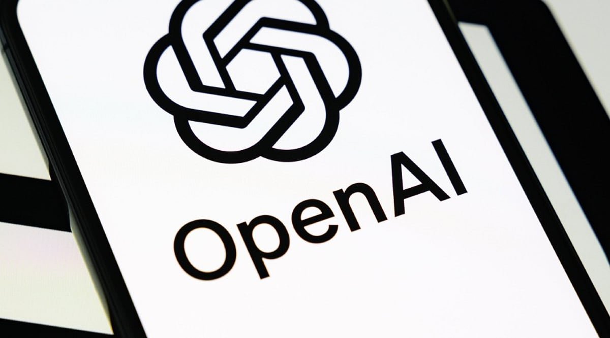 A smartphone screen displaying the OpenAI logo and name.