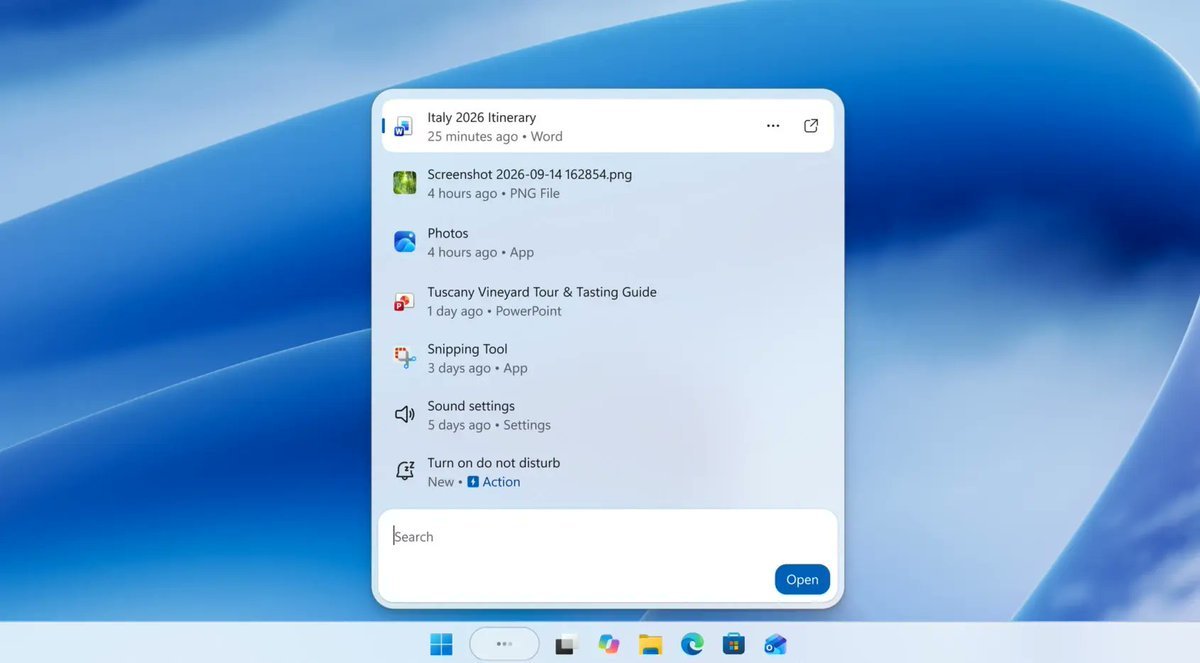 Screenshot of the experimental Windows 11 floating search window displaying recent files, apps, settings, and an inline action to turn on do not disturb.