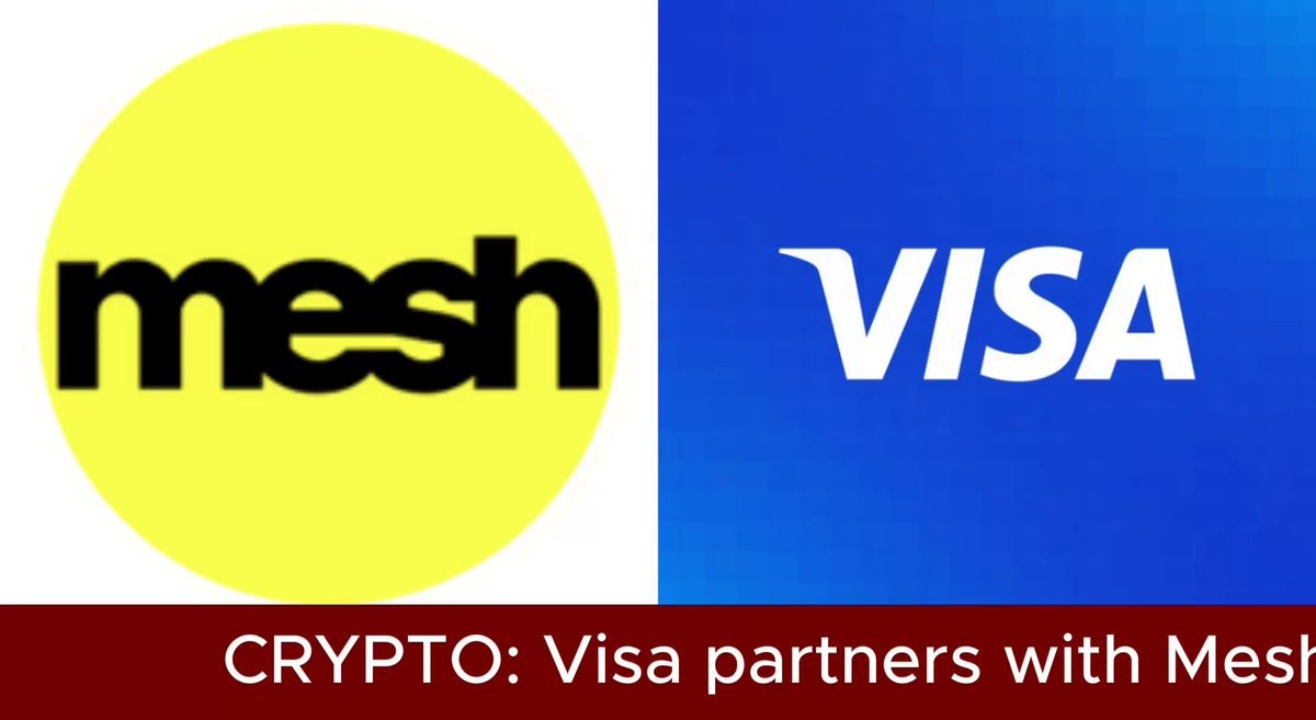 Mesh and Visa logos displayed side by side against yellow and blue backgrounds with a news banner below.