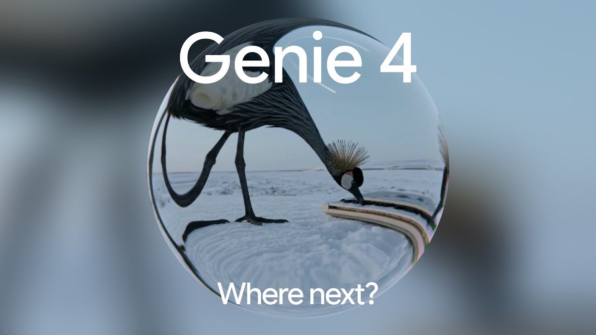 Graphic for Google DeepMind's Genie 4 displaying a spherical lens view of an interactive simulation featuring a crowned crane near a piano keyboard in a snowy landscape.