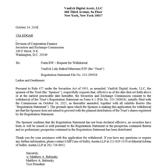 VanEck Form RW request for withdrawal letter submitted to the SEC for the VanEck Lido Staked Ethereum ETF.