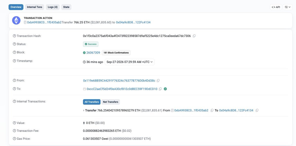 Screenshot of a blockchain transaction showing the transfer of 766.25 ETH at block 26067309.
