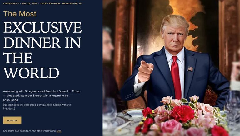 Promotional webpage graphic for 'The Most Exclusive Dinner in the World' featuring an illustration of Donald Trump in a suit behind a dining table.