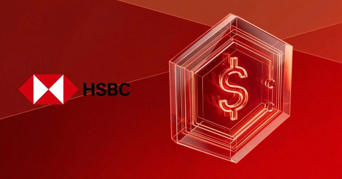 HSBC logo next to a 3D digital illustration of a glowing red hexagonal vault bearing a dollar sign.