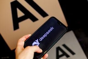 A hand holding a smartphone displaying the DeepSeek application logo against an AI background.