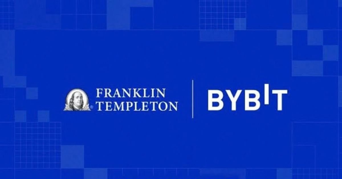 Franklin Templeton and Bybit logos side by side on a blue geometric background.