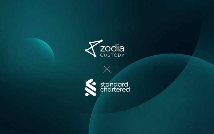 Logos of Zodia Custody and Standard Chartered side by side on a teal background.
