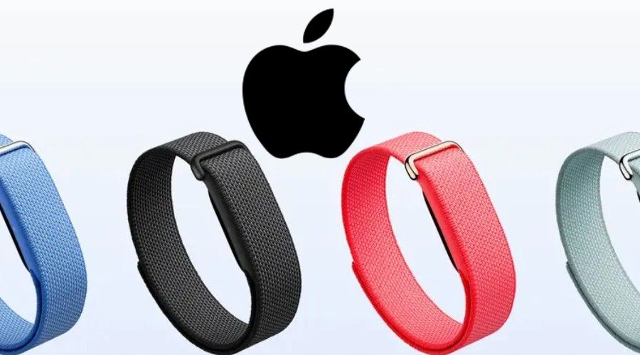 An Apple logo displayed above an illustrative lineup of colorful screenless fabric wristbands.