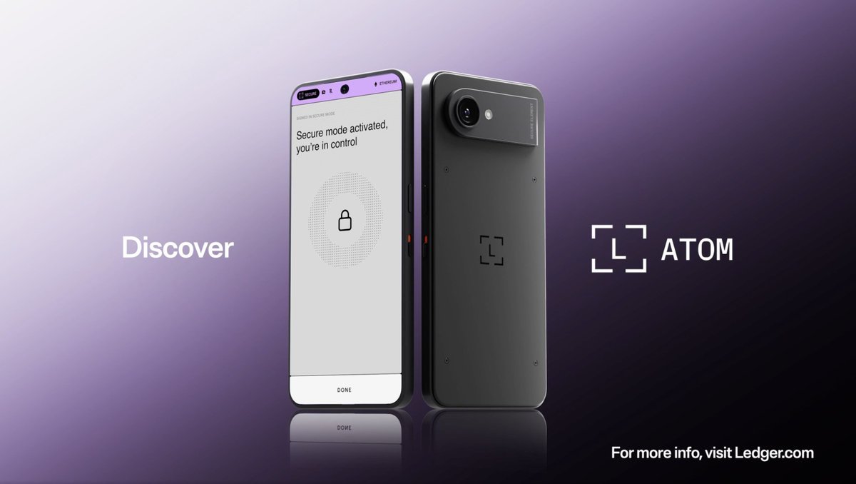 Front and back promotional rendering of the Ledger Atom security device displaying a secure mode screen.