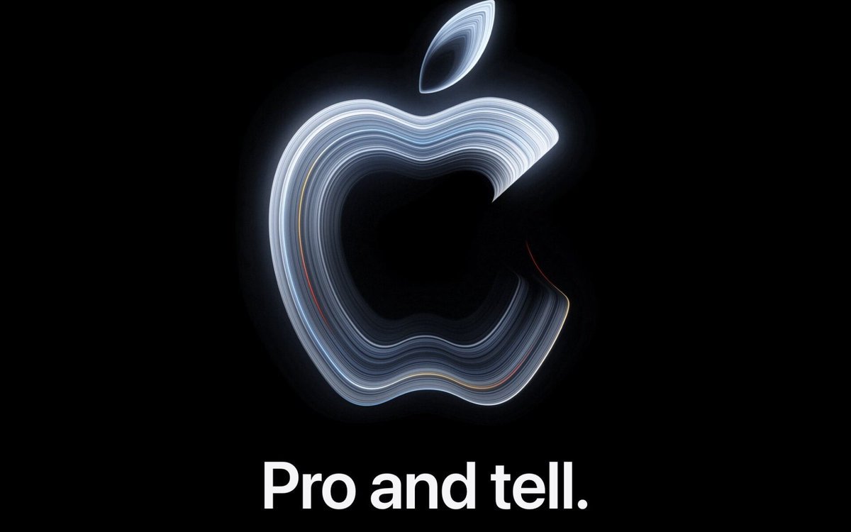 Apple logo formed with layered curved metallic ribbons above the text 'Pro and tell.' on a black background