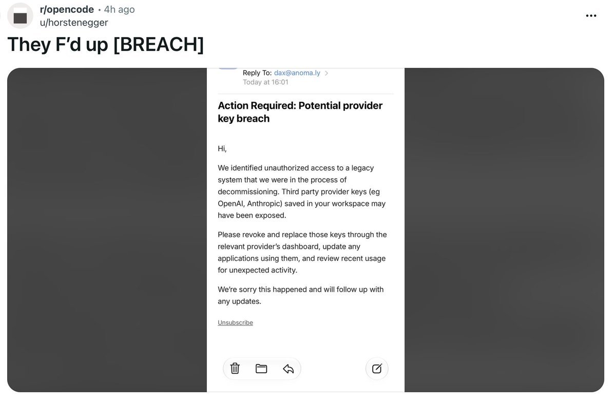 Screenshot of a Reddit post showing an email notification from OpenCode regarding a potential provider key breach.