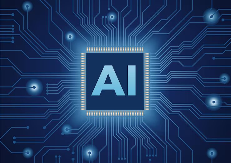 Graphic illustration of a computer microchip labeled AI with glowing circuit board traces.