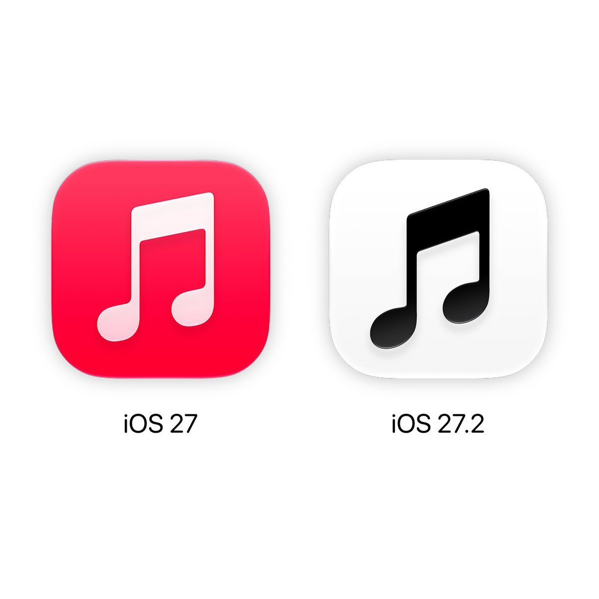 Side-by-side comparison of the red iOS 27 Apple Music icon and the updated black-and-white iOS 27.2 icon.