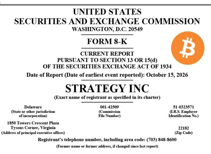A SEC Form 8-K filing header for Strategy Inc dated October 15, 2026, featuring a Bitcoin logo badge.