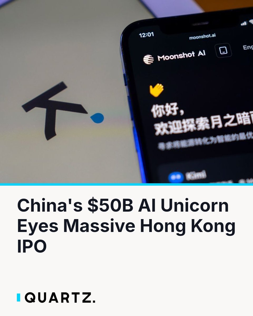 A graphic featuring Moonshot AI and Kimi branding on a smartphone alongside text reading 'China's $50B AI Unicorn Eyes Massive Hong Kong IPO'.