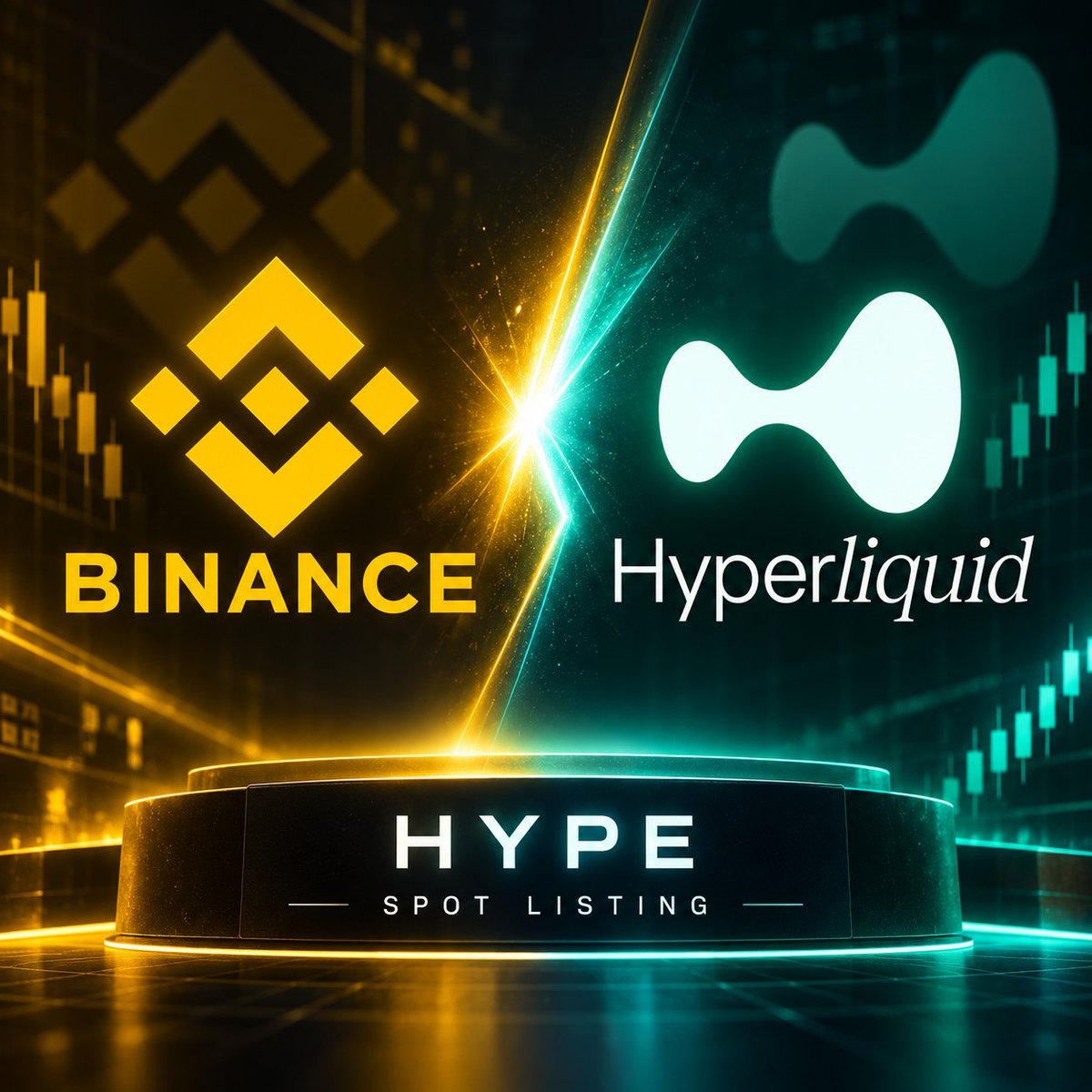 Graphic illustration featuring the logos of Binance and Hyperliquid with text reading 'HYPE SPOT LISTING'.