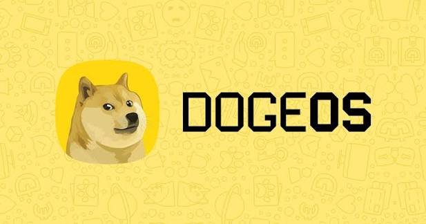 DogeOS logo and Shiba Inu mascot graphic against a patterned yellow background.