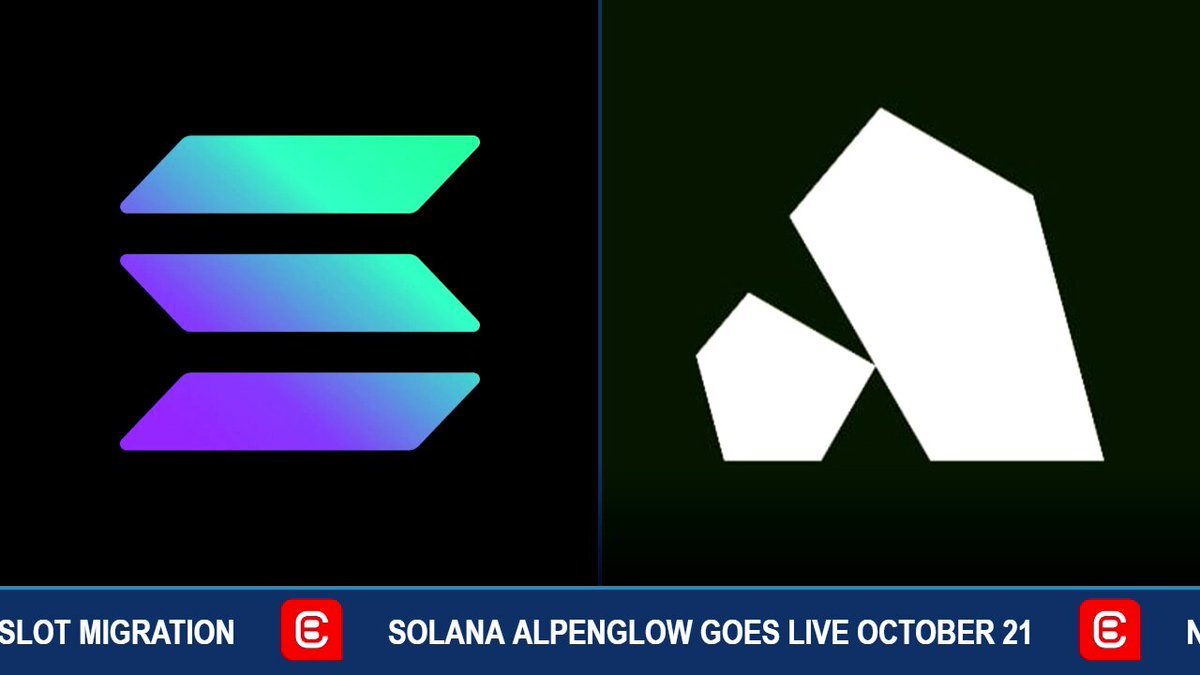 Logos of Solana and Anza side by side above a news ticker announcing Solana Alpenglow going live on October 21.