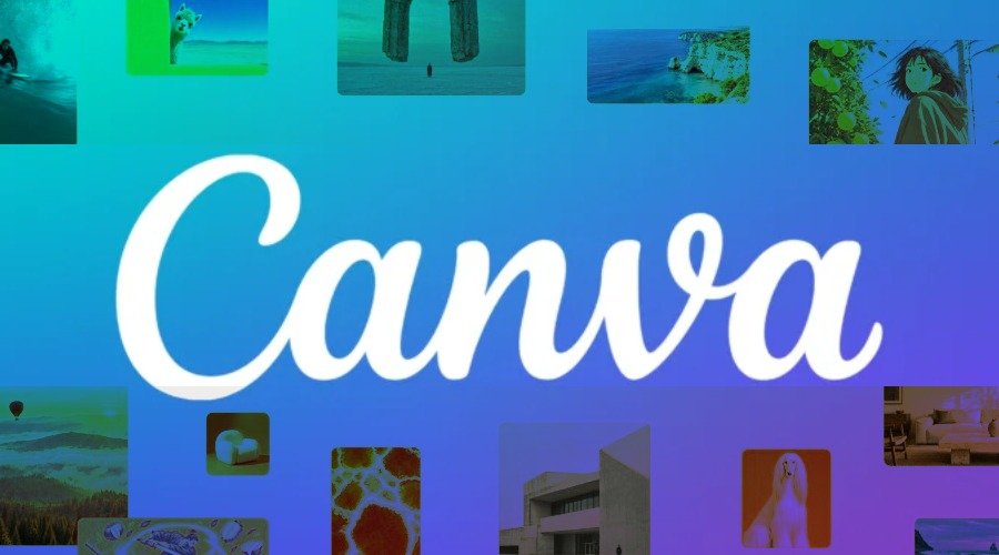 Canva logo centered against a blue-to-purple gradient background surrounded by small image tiles depicting diverse scenes and styles.