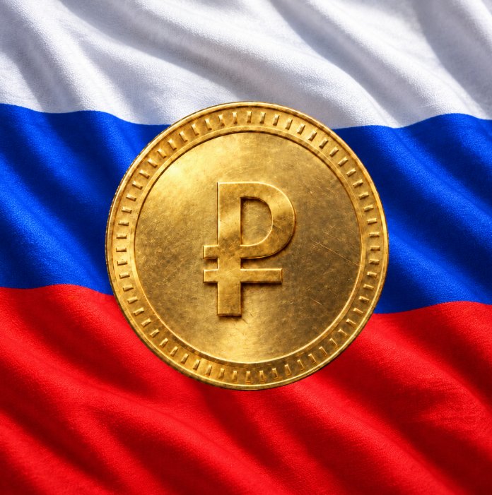 An illustration of a gold coin embossed with the Russian ruble symbol over the Russian national flag.