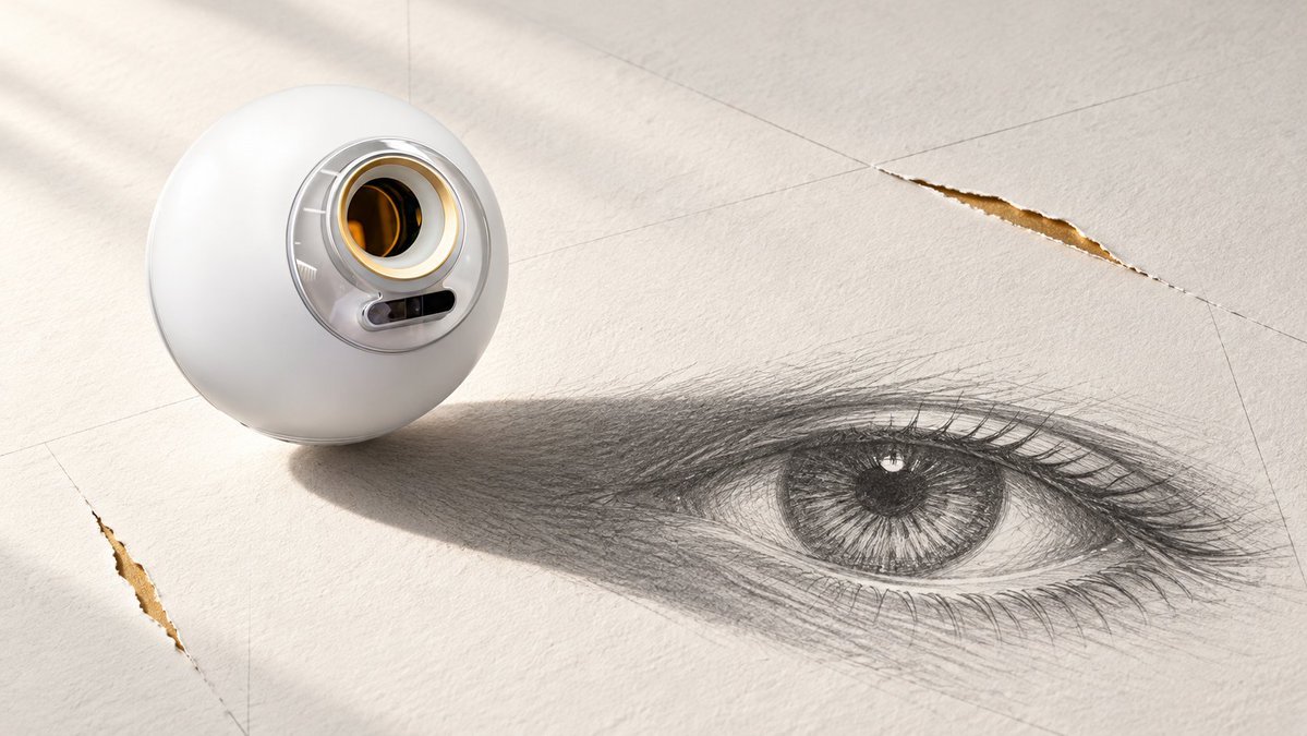 A World biometric Orb device casting a shadow over a detailed pencil sketch of a human eye.