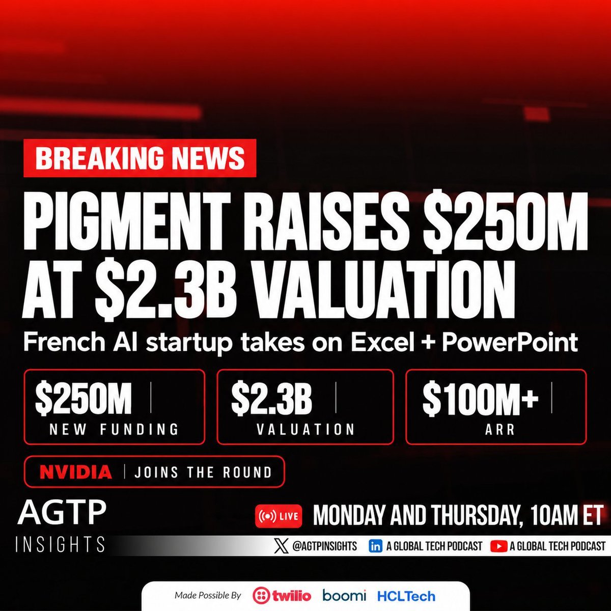 Graphic announcing Pigment's $250 million funding round at a $2.3 billion valuation, noting its competition with Excel and PowerPoint and Nvidia's participation.