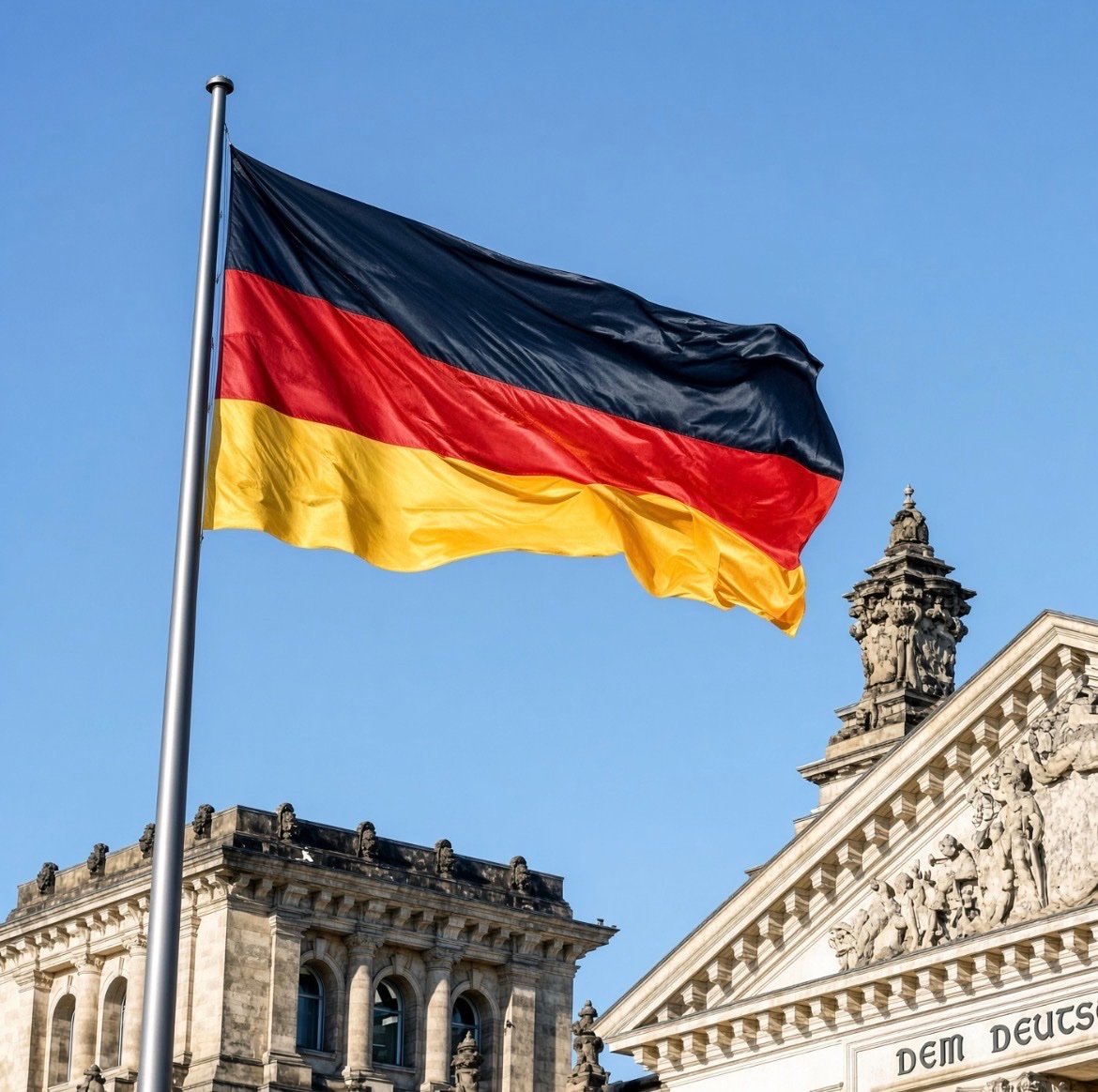 The German national flag waving in front of the Reichstag building against a blue sky.
