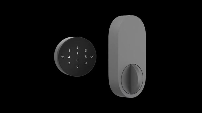 Render of a circular digital keypad and an elongated smart deadbolt mechanism against a black background.