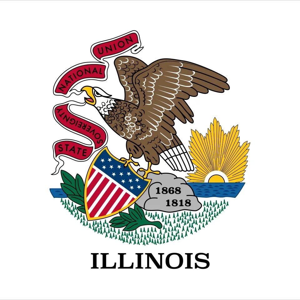 Seal of the State of Illinois featuring a bald eagle and the state motto on a white background.