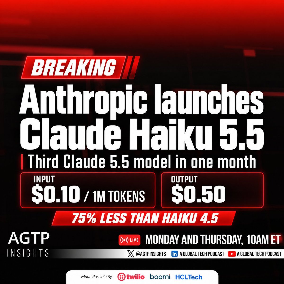 Infographic graphic announcing Anthropic's launch of Claude Haiku 5.5, highlighting input pricing at $0.10 per 1M tokens, output pricing at $0.50, and 75% cost reduction compared to Haiku 4.5.