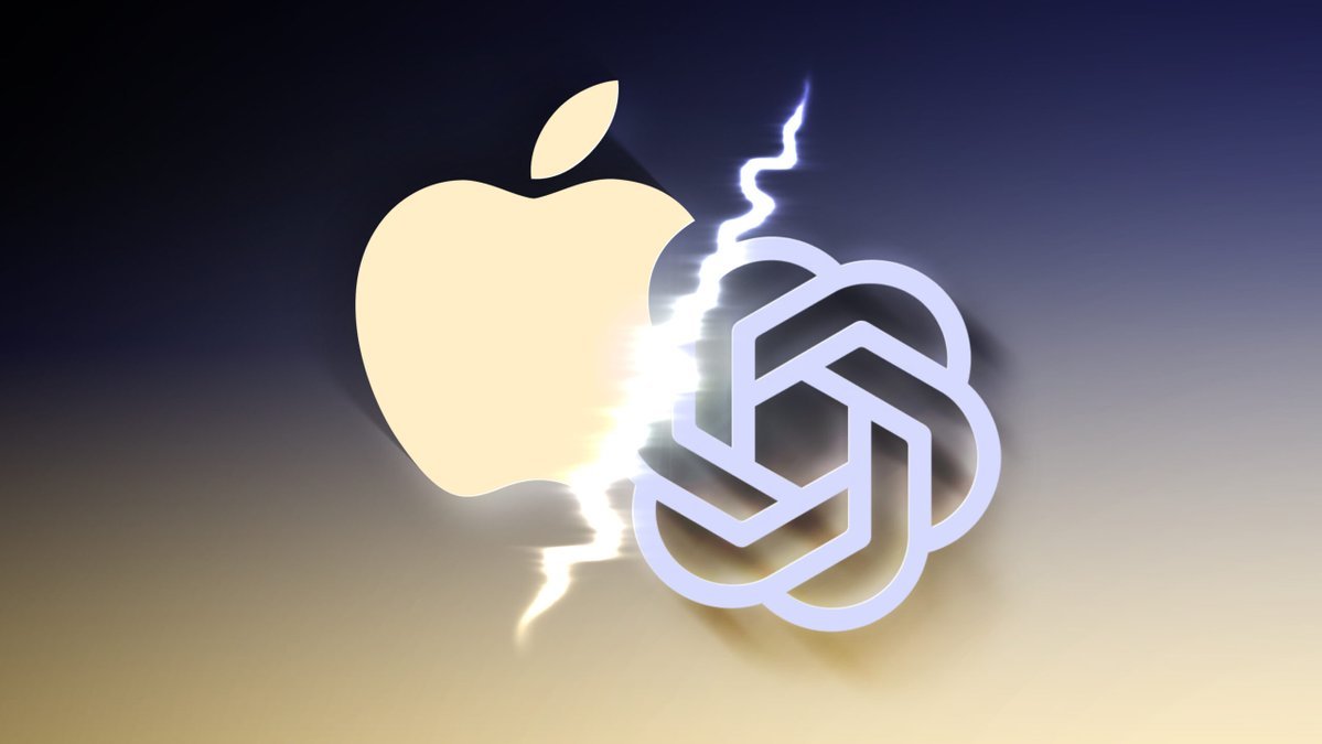 Graphic showing the Apple logo and the OpenAI logo separated by a bolt of lightning
